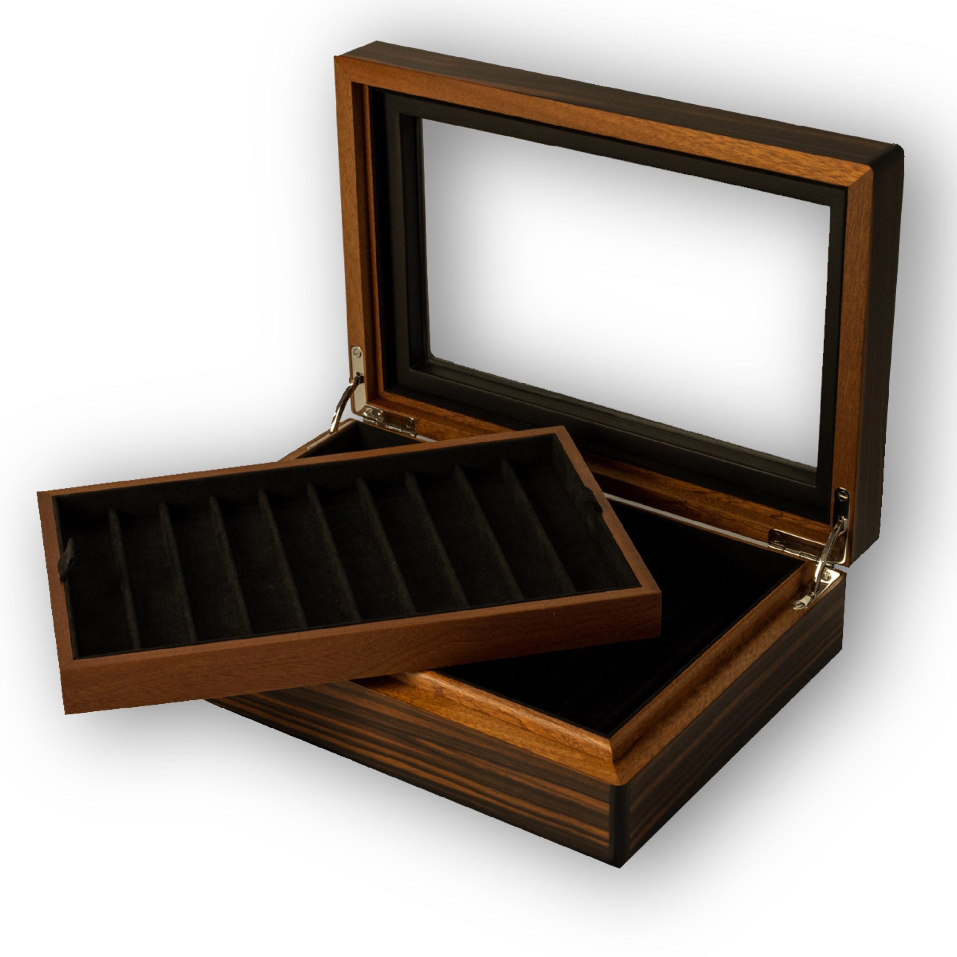 NALDI-ITALY Luxury Pen Box for 21 Pens Ebony Macassar Shining with Crystal Top