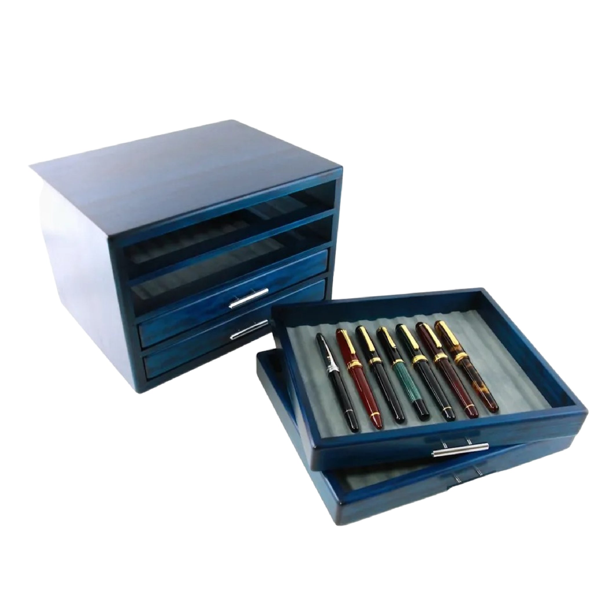 Wooden 40 Fountain Pen Lidless Box Blue